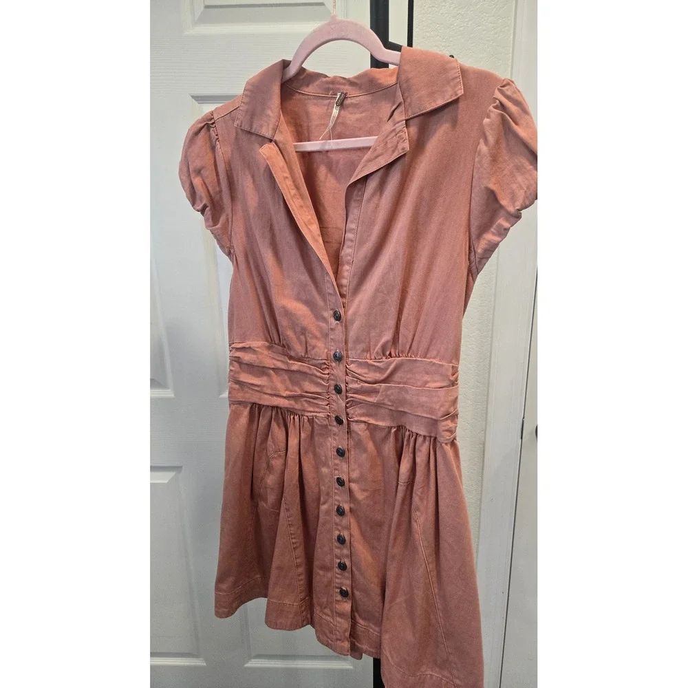 Free People Women Terracotta Cotton Button Front Puff Sleeve Mini Dress-M